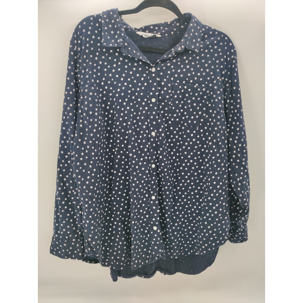 Old Navy The Classic Shirt Womens XXL Navy Blue White Polka Dot Button Down Top